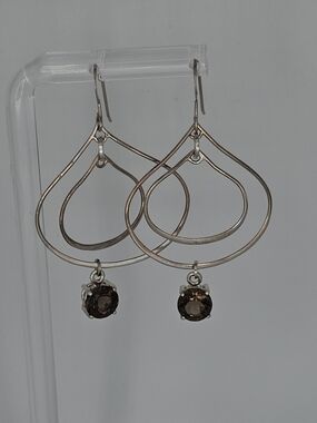 Silver-Silver Double Teardrop Earrings with Smokey Quartz Drops